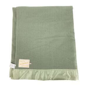 Vtg Saks Fifth Avenue 100% Merino Wool Satin Trim Blanket Green Twin Throw